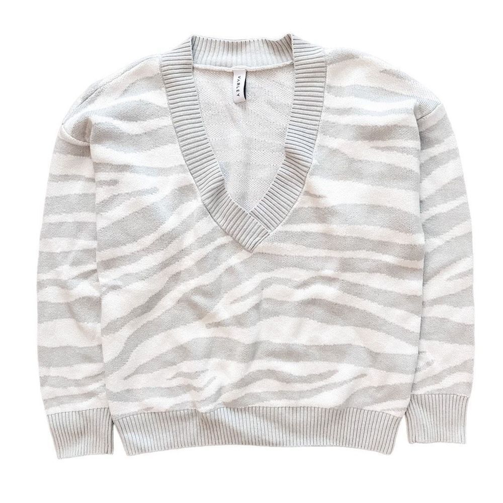 Varley Calvert Sweater Wool Blend V Neck Gray White Medium - Picture 2 of 9